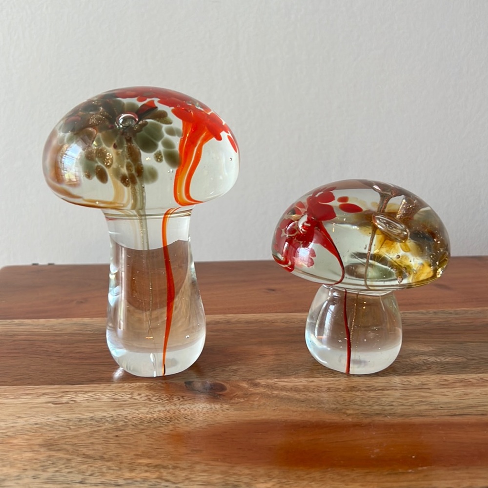 Vintage Set Of 2 Art Glass Mushroom Paperweight Red Brown Gold Glitter MCM Retro